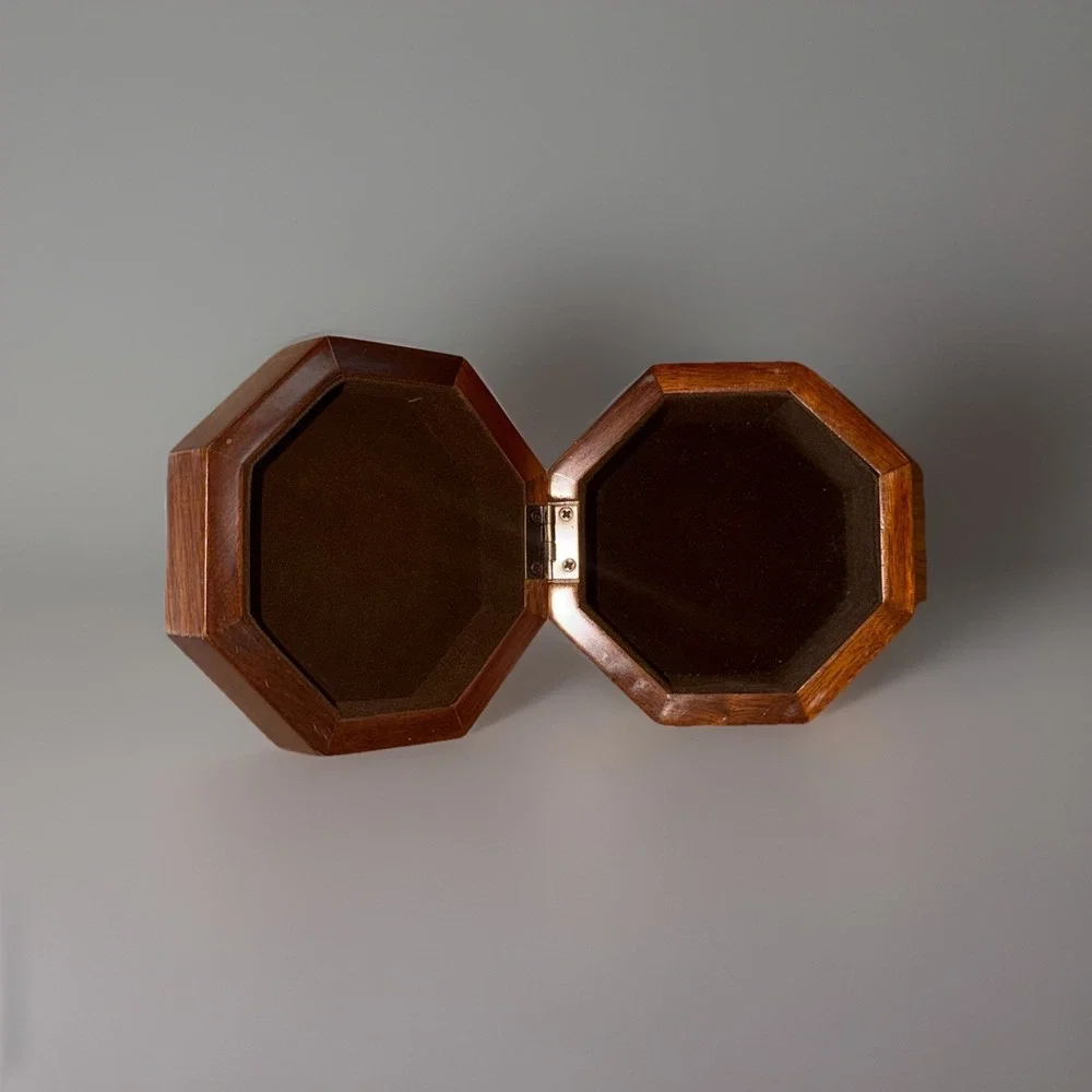 Vtg 80s‎ Octagonal Inlaid Marquetry Wooden Trinket Jewelry Box Hinged Velour
